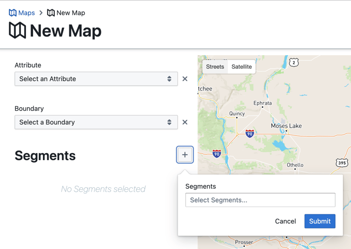 Maps interface with plus sign selected showing segment selector